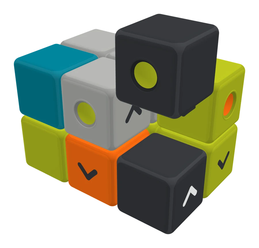 A charcoal cube lifting out of a SmartPull puzzle of orange, teal, olive, gray and charcoal cubes