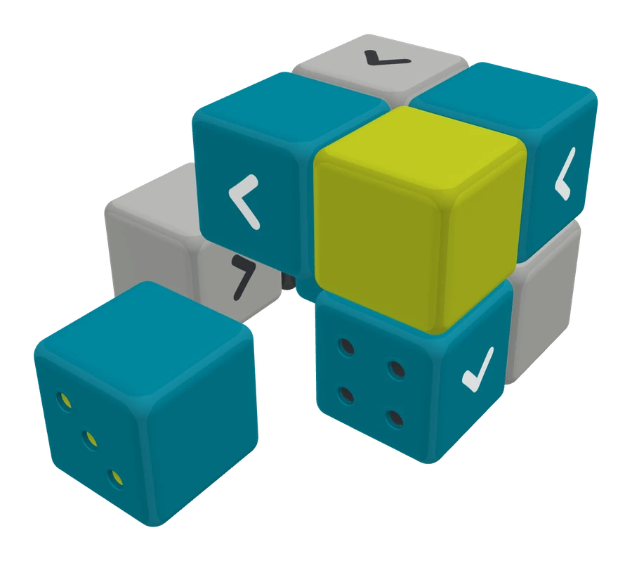 The cube with three pips pulling out, after one and two