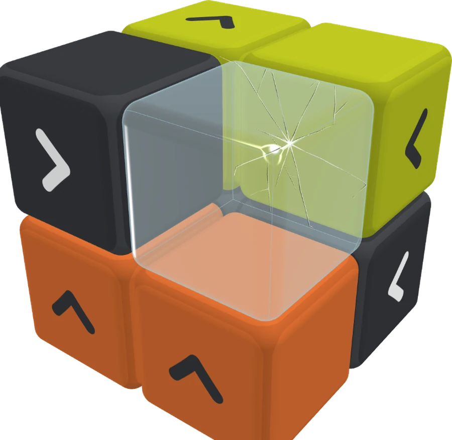 A Glass cube among colored cubes